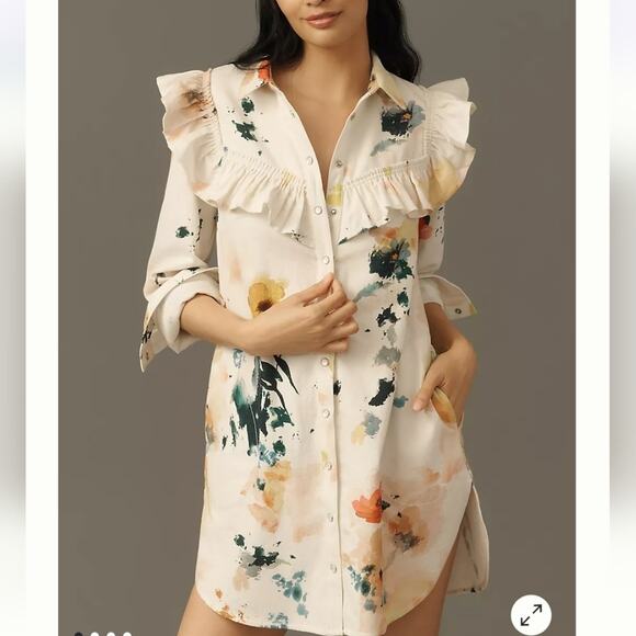 Anthropologie Dresses & Skirts - Pilcro Long-Sleeve Ruffled Denim Mini Shirt Dress Sz Med Nwts